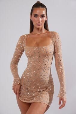 Windsor Size S Nude Rhinestone Embellished Bodycon Mini Dress NWT